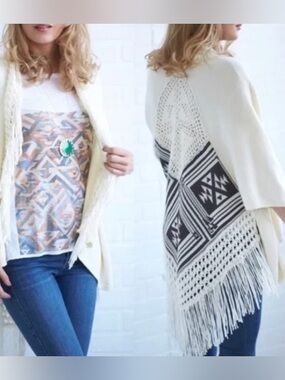 House of Harlow Fringe Kimono Cardigan Boho Poncho One Size Ivory Knit Wrap